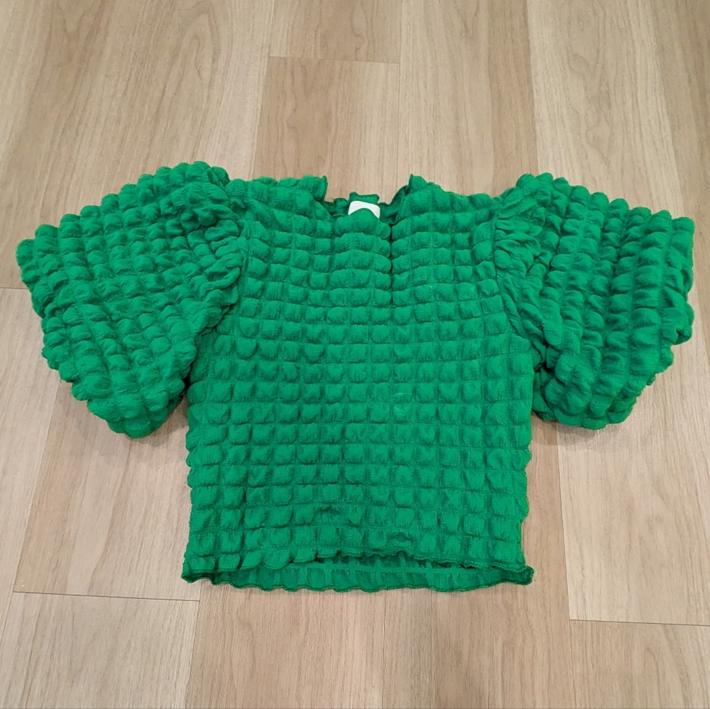 Anthropologie Eri + Ali Green Puff Sleeve And Puff Fabric Cropped Shirt Size XSP - Picture 2 of 7